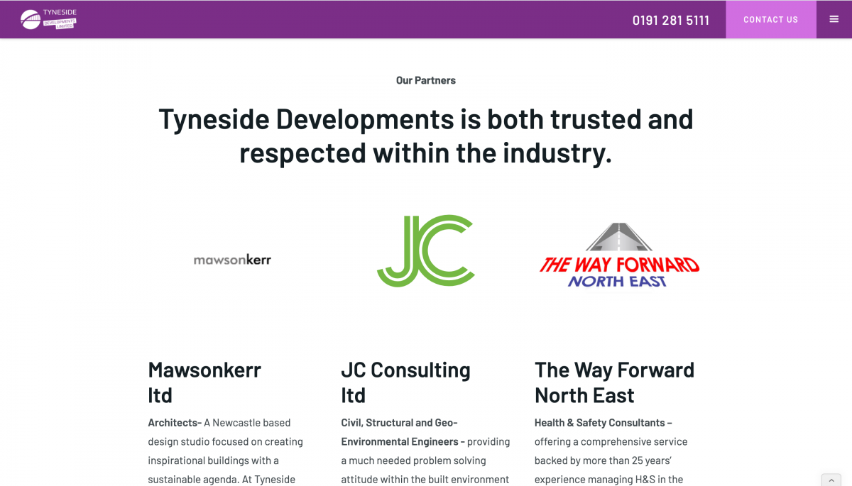 Tyneside Developments Website Partners Section